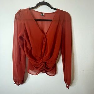 Rust Color Sheer Long Sleeves Dressy Blouse